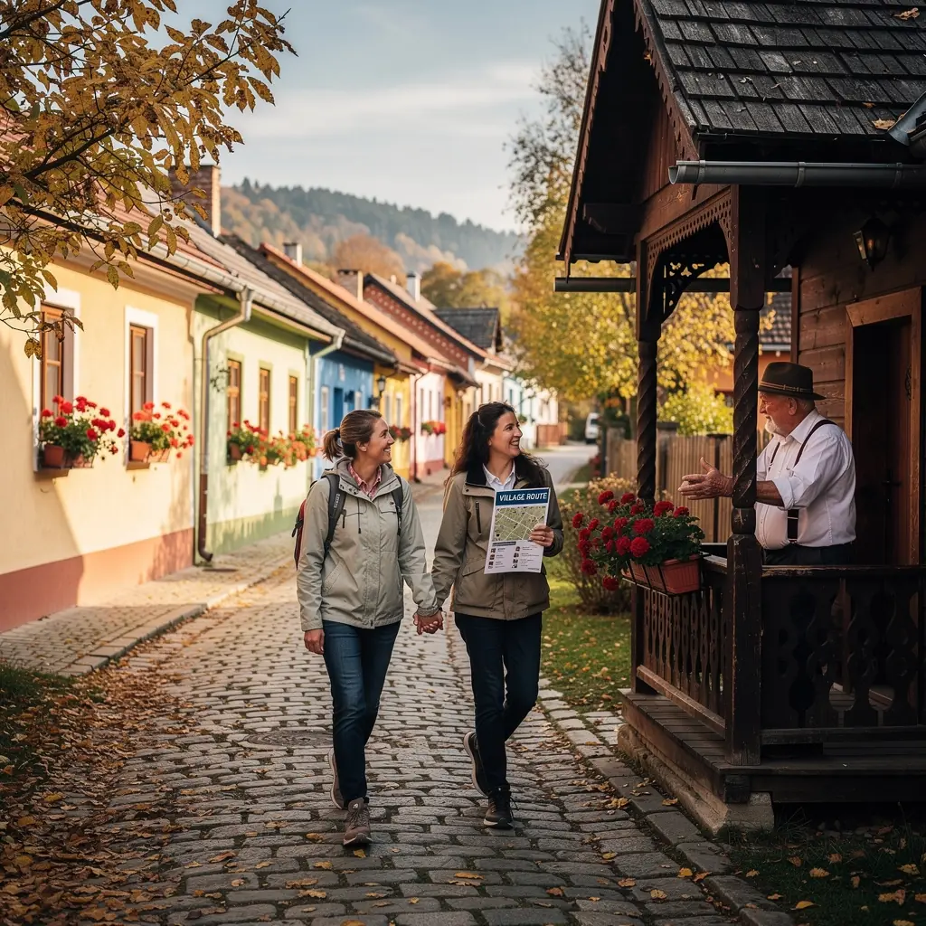 A family exploring a picturesque town square filled with colorful buildings and local markets.